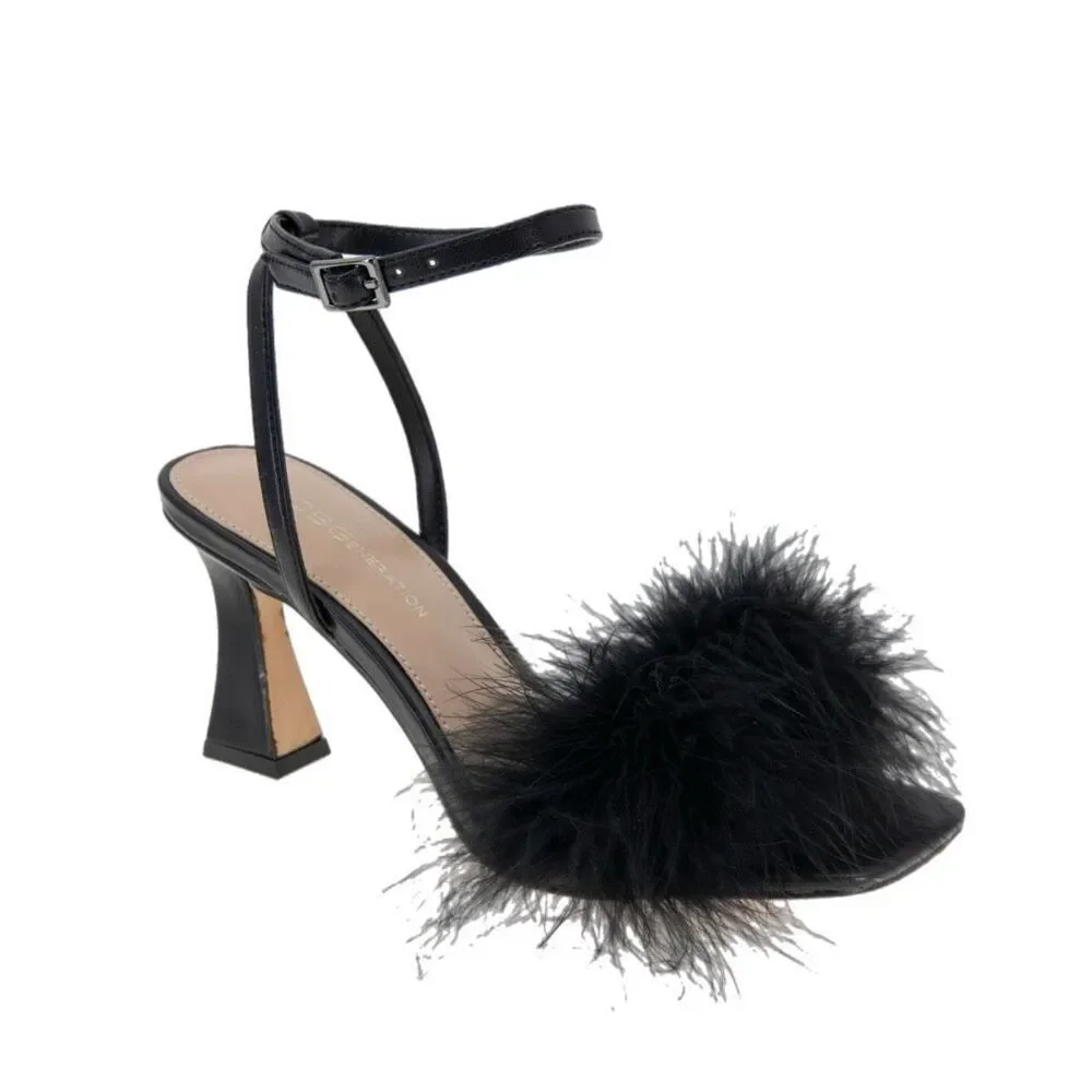 NWT and box BCBG “Relby” faux feather  sandals in black Size 6